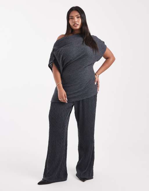 Vero Moda Curve textured jersey off shoulder drapey top co-ord in asphalt grey, 2 of 4