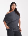 [Vero Moda Curve] Vero Moda Curve textured jersey off-shoulder drapey top in asphalt grey (Part of a set) L Asphalt