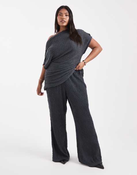 Vero Moda Curve textured jersey wide leg pants in asphalt grey (Part of a set) - view 1