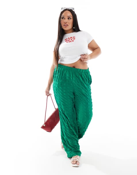 Vero Moda Curve textured wide leg pants in green - view 1