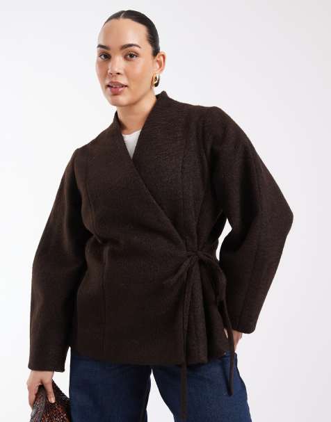 Vero Moda Curve textured wool-touch tie side jacket in chocolate brown - view 1