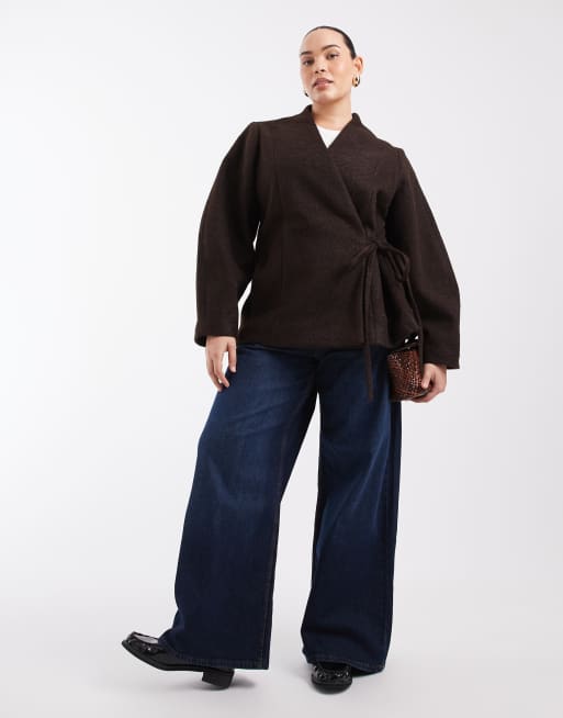 Vero Moda Curve textured wool-touch tie side jacket in chocolate brown, 2 of 4