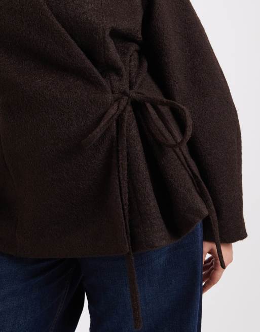 Vero Moda Curve textured wool-touch tie side jacket in chocolate brown, 3 of 4