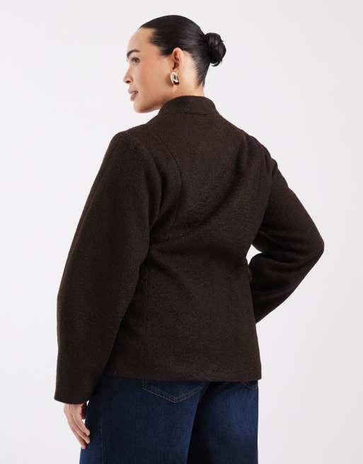 Vero Moda Curve textured wool-touch tie side jacket in chocolate brown, 4 of 4
