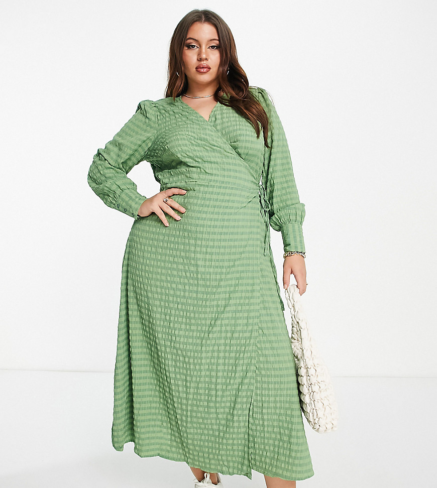 vero moda curve textured wrap midi dress in green