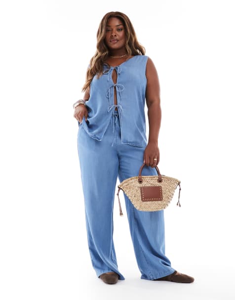 Vero Moda Curve tie front top and wide leg pants set in blue chambray - view 1