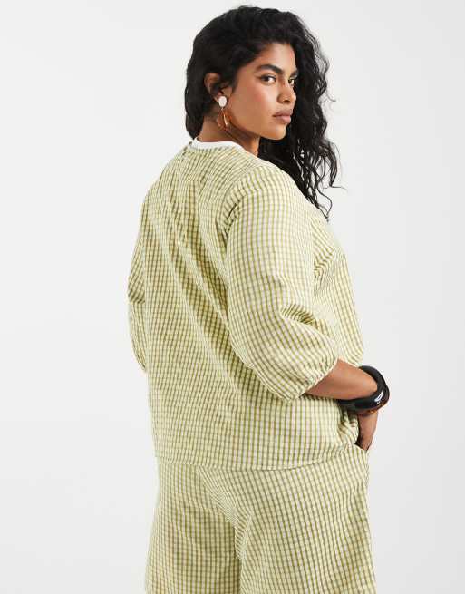 Vero Moda Curve tie front top in green gingham print (part of a set), 4 of 4