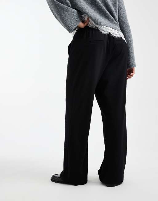 Vero Moda Curve tie waist jersey wide leg trouser in black, 4 of 5
