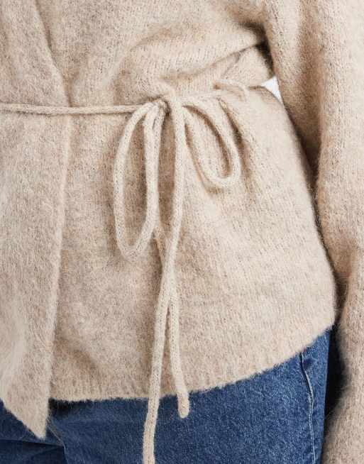 Vero Moda Curve tie waist knitted cardigan in silver mink melange, 3 of 4