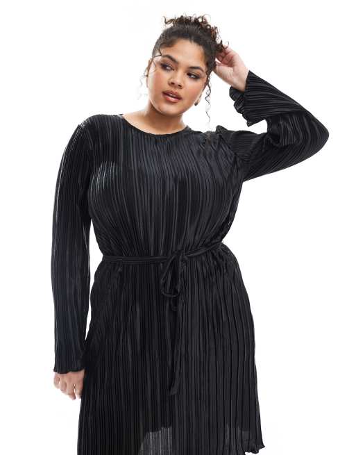 Vero Moda Curve Tie Waist Plisse Mini Dress in Black