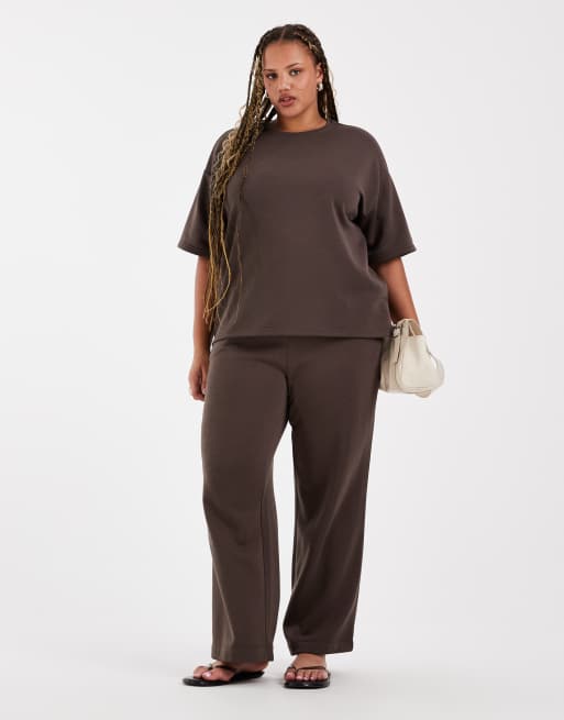 Vero Moda Curve oversized sweat t-shirt & tie waist wide leg joggers co-ord in chocolate brown, 3 of 3