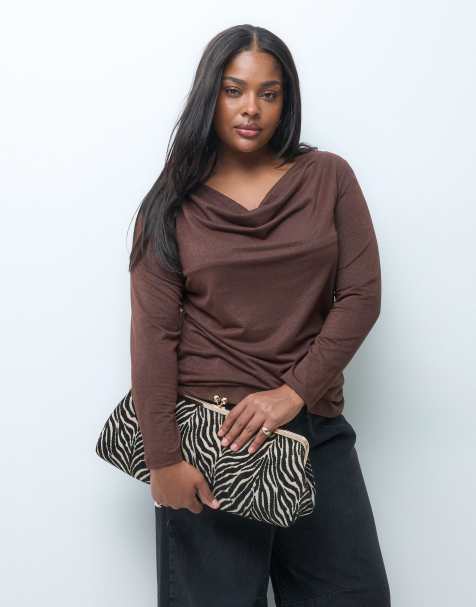 Vero Moda Curve top a maniche lunghe con scollo a cascata marrone cioccolato - view 1