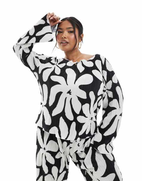 Vero Moda Curve - Top a maniche lunghe plissé con stampa a maniche lunghe monocroamtica e scollo a barchetta - view 1