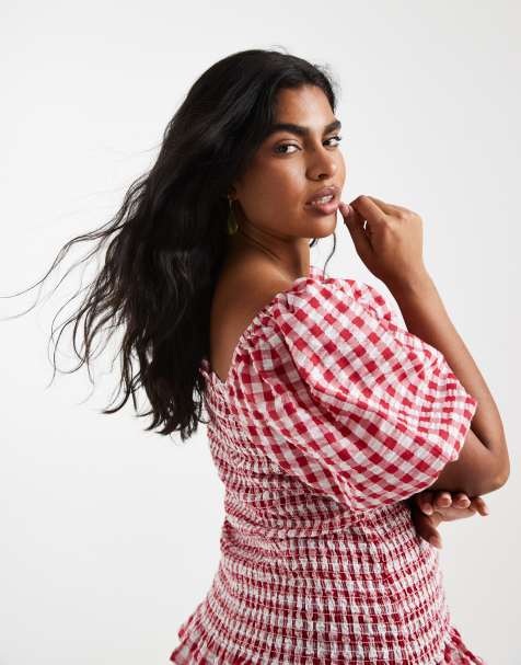 Vero Moda Curve - Top corto a cuadros vichy rojos con cuerpo fruncido y mangas abullonadas - view 1