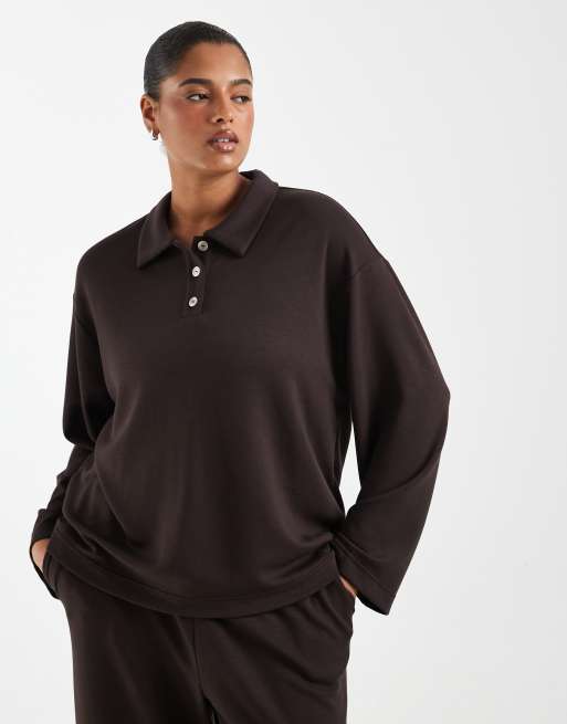 Vero Moda Curve - top de sudadera tipo polo supersuave de conjunto en marrón chocolate