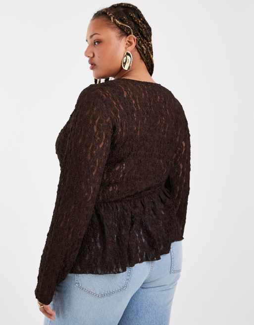Vero Moda Curve - Top texturé à manches longues et basque - Marron chocolat, 3 de 4