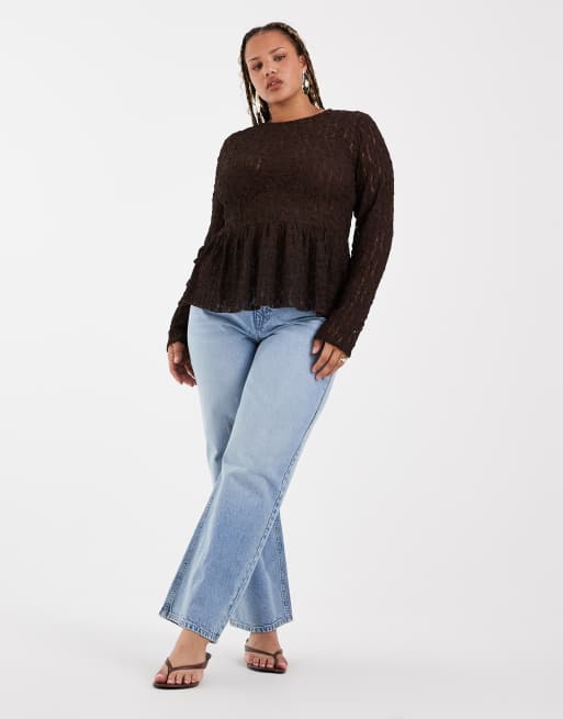Vero Moda Curve - Top texturé à manches longues et basque - Marron chocolat, 4 de 4