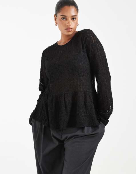 Vero Moda Curve - Top texturé à manches longues et basque - Noir - view 1