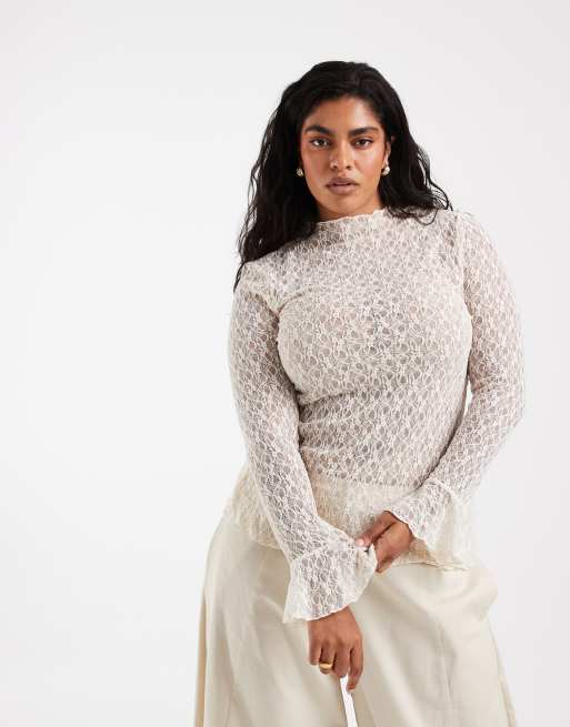 Vero Moda Curve topp i spets med klockärm i cream, 3 av 4