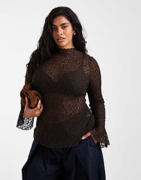 Vero Moda Curve topp i spets med klockärmar i chokladbrun - view 1