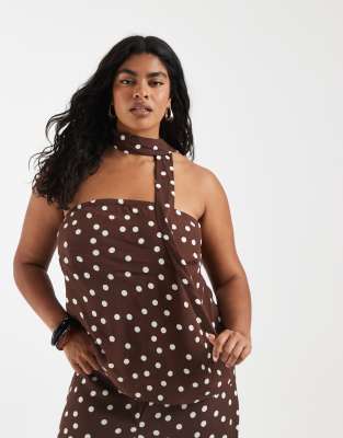 Curve - Trägerloses Oberteil aus Webstoff in Schokobraun mit Schaldetail und weißen Polka Dots, Kombiteil Braun 50