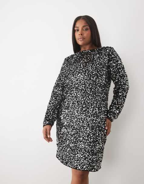 Vero Moda Curve vestido midi de lentejuelas con cuello barco y manga larga en negro - view 1
