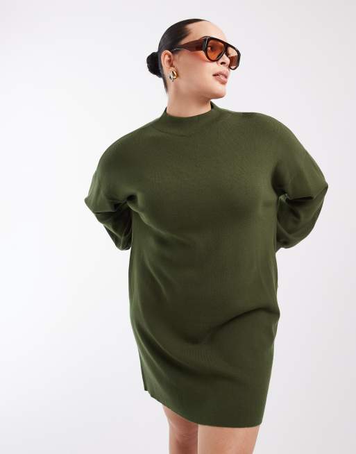 Vero Moda Curve vestido mini de punto con cuello alzado en caqui, 2 de 4