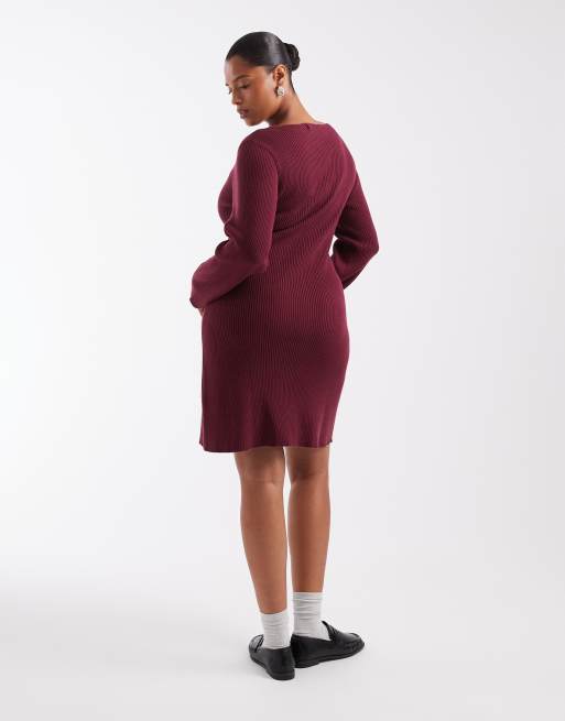 Vero Moda Curve - vestido mini de punto con manga larga y cuello barco en burdeos, 4 de 4