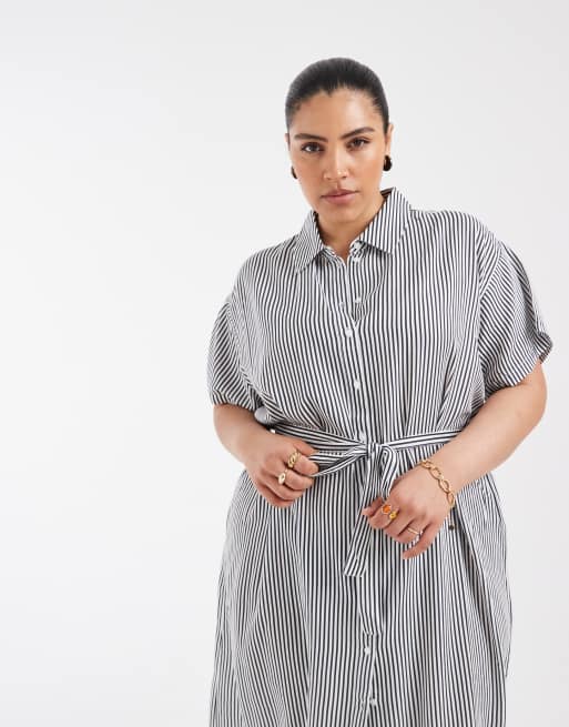 Vero Moda Curve - Vestito camicia midi blu navy e bianco a righe con cintura allacciata, 2 di 4