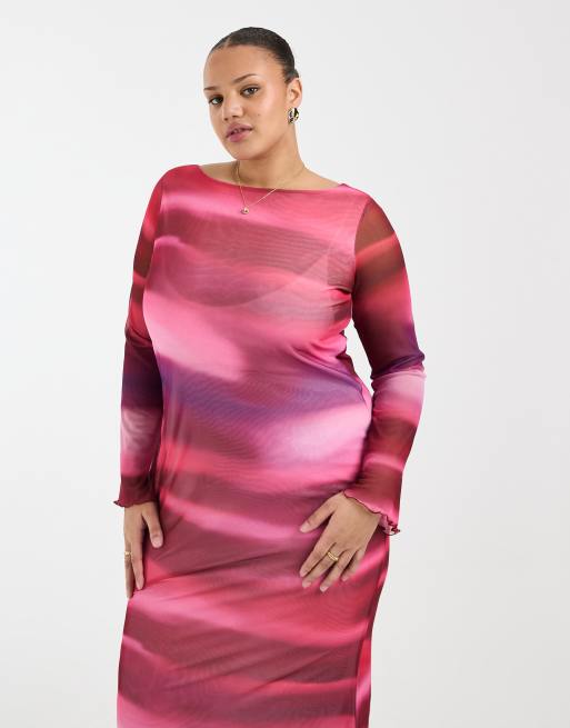 Vero Moda Curve - Vestito lungo a maniche lunghe in rete rosa con stampa astratta, 4 di 4