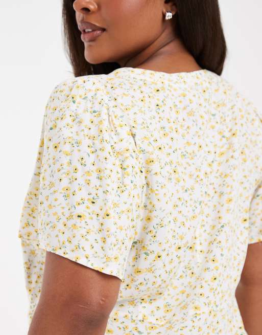 Vero Moda Curve - Vestito lungo button-down bianco e giallo a fiorellini, 2 di 4