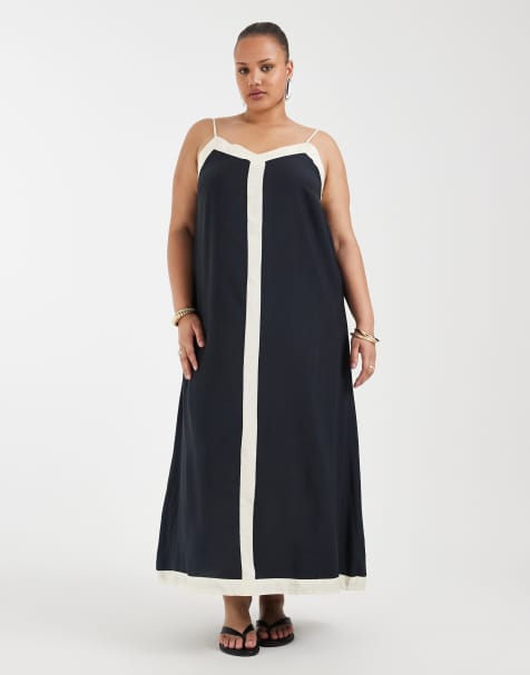 Vero Moda Curve - Vestito lungo color crema e nero con finiture a contrasto e spalline sottili - view 1