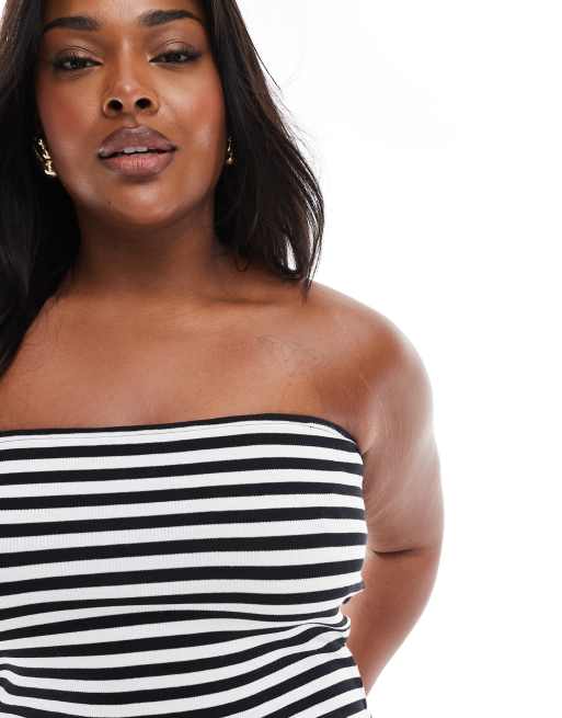 Vero Moda Curve - Vestito lungo senza spalline in jersey a coste a righe monocromatiche, 4 di 4