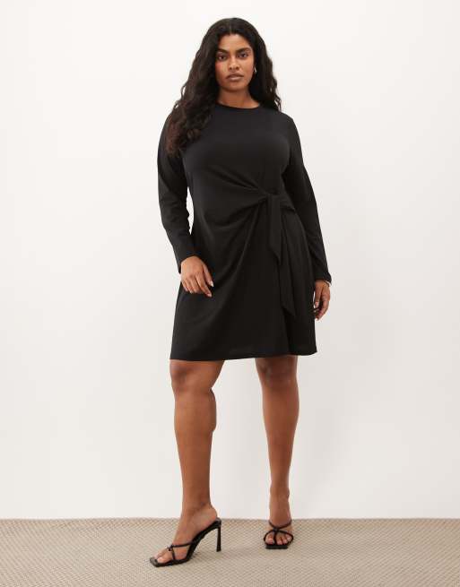 Vero Moda Curve vestito midi a maniche lunghe con dettaglio annodato nero