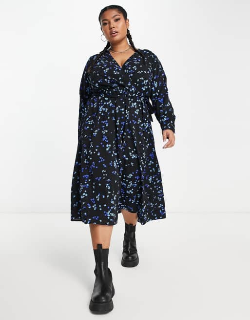 Vero Moda Curve - Vestito midi avvolgente nero a fiori, 4 di 4