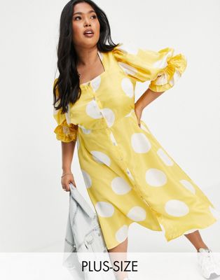 Vero Moda Curve puff sleeve midi dress in yellow oversized spot print - ASOS Price Checker