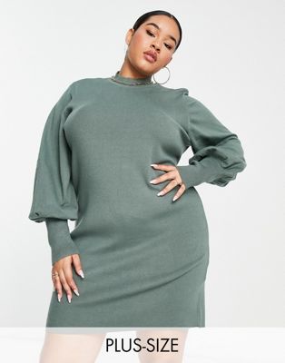 Vero Moda Curve volume sleeve mini jumper dress in green - ASOS Price Checker