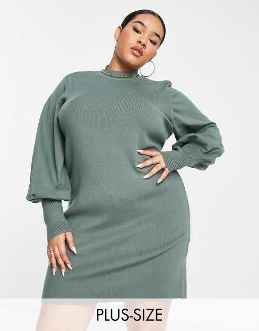 Vero Moda Curve volume sleeve mini sweater dress in green | ASOS