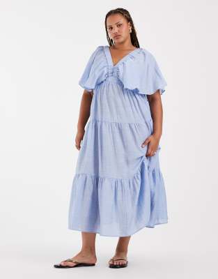 Vero Moda Curve Volume Sleeve Tiered Maxi Dress In Blue