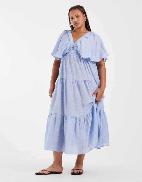 Vero Moda Curve volume sleeve tiered maxi dress in light blue - view 1