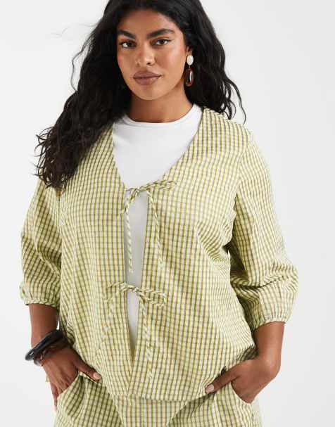 Vero Moda Curve – Vorn gebundenes Oberteil in Grün mit Vichy-Karo, Kombiteil - view 1