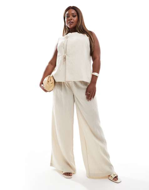 Vero Moda Curve waistcoat with tie front detail and wide leg trousers set in cream - view 1
