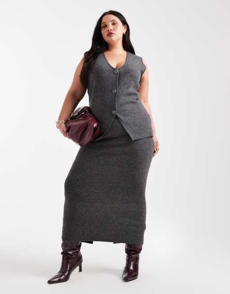 Vero Moda Curve – Weicher Midi-Strickrock in meliertem Grau, Kombiteil - view 1