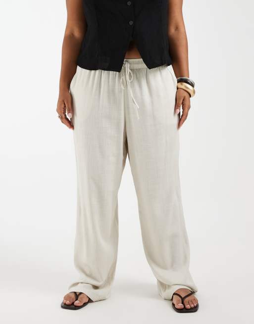 Vero Moda Curve – Weit geschnittene Hose in Steinbeige mit Leinenanteil und Kordelzugbund, 2 von 5