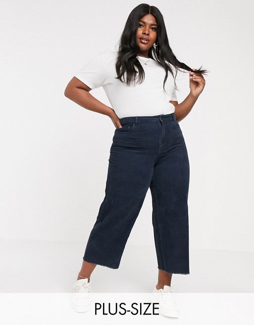 Vero Moda Curve wide leg cropped cord trousers in navy