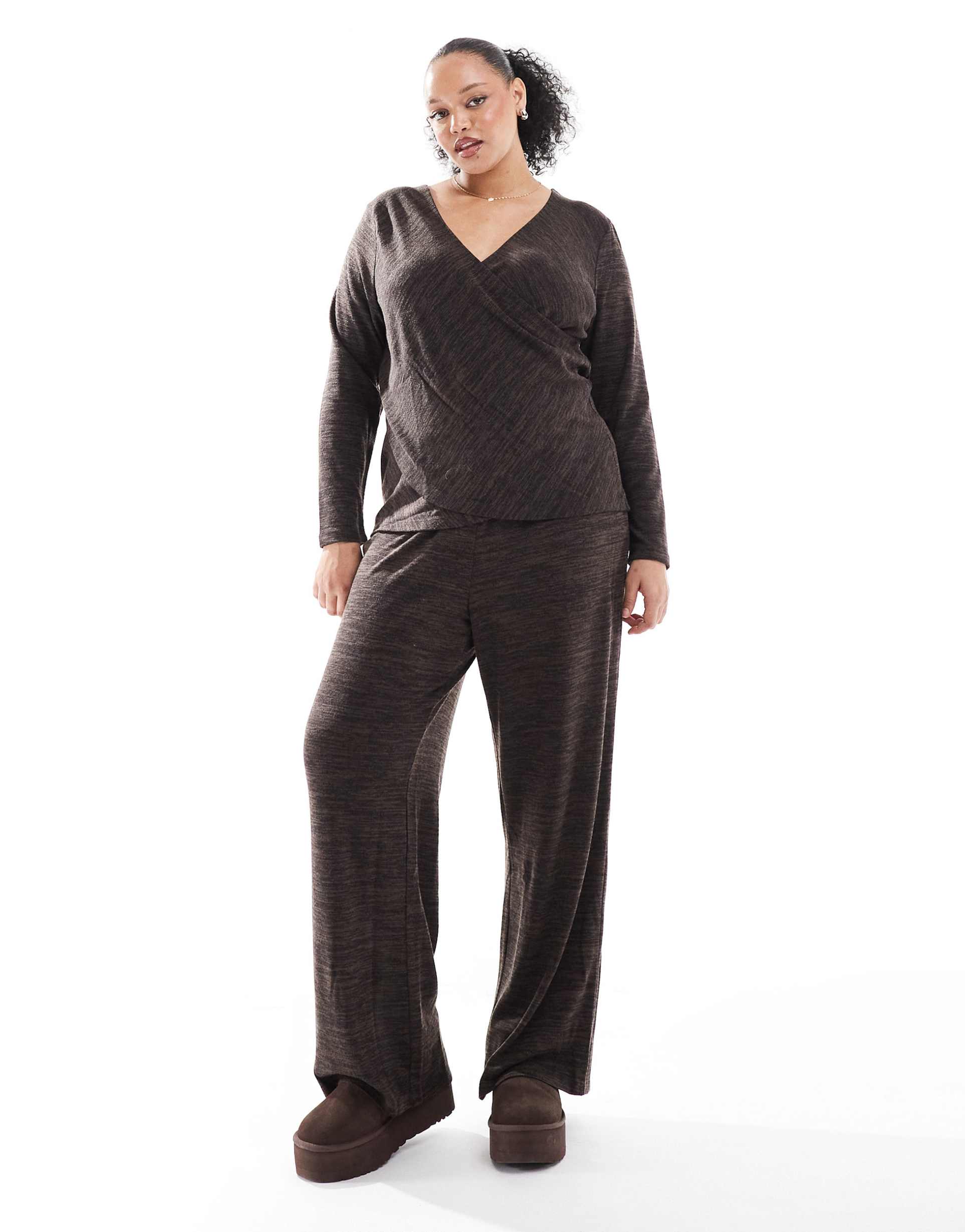 vero moda curve wide leg jersey pants in chocolate melange - part of a set
