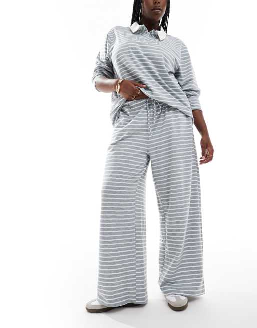 Vero Moda Curve wide leg jersey pants in grey stripe (part of a set)