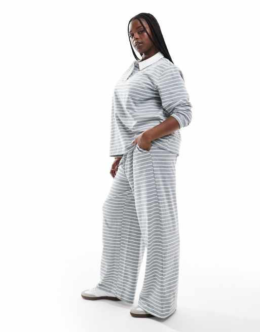 Vero Moda Curve wide leg jersey pants in grey stripe (part of a set), 2 of 5