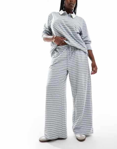 Vero Moda Curve wide leg jersey trouser co-ord in grey stripe - view 1