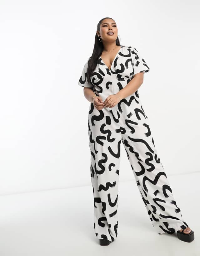 Vero Moda Curve wide leg jumpsuit in monochrome abstract print